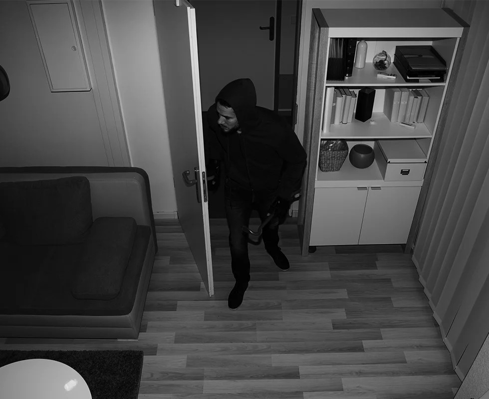 Arlo security camera night vision of a burglar inside a house