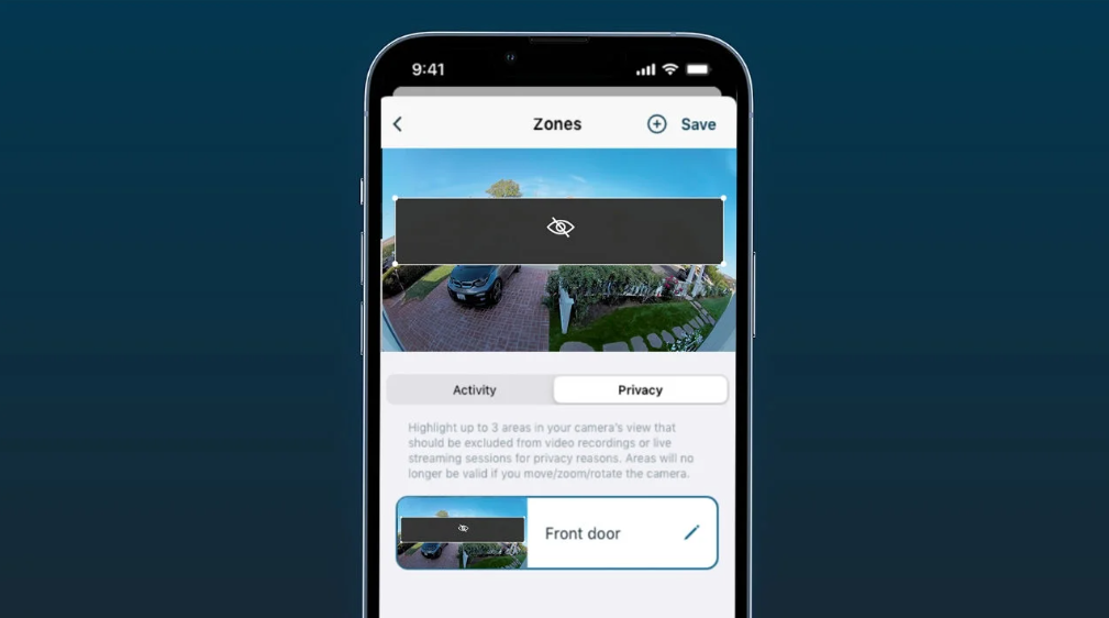 Image of a phone screen with Arlo's Privacy Zone activated